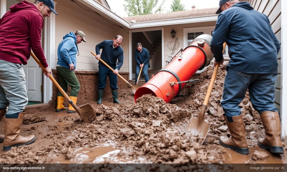 Nettoyage après coulée de boue dans une maison