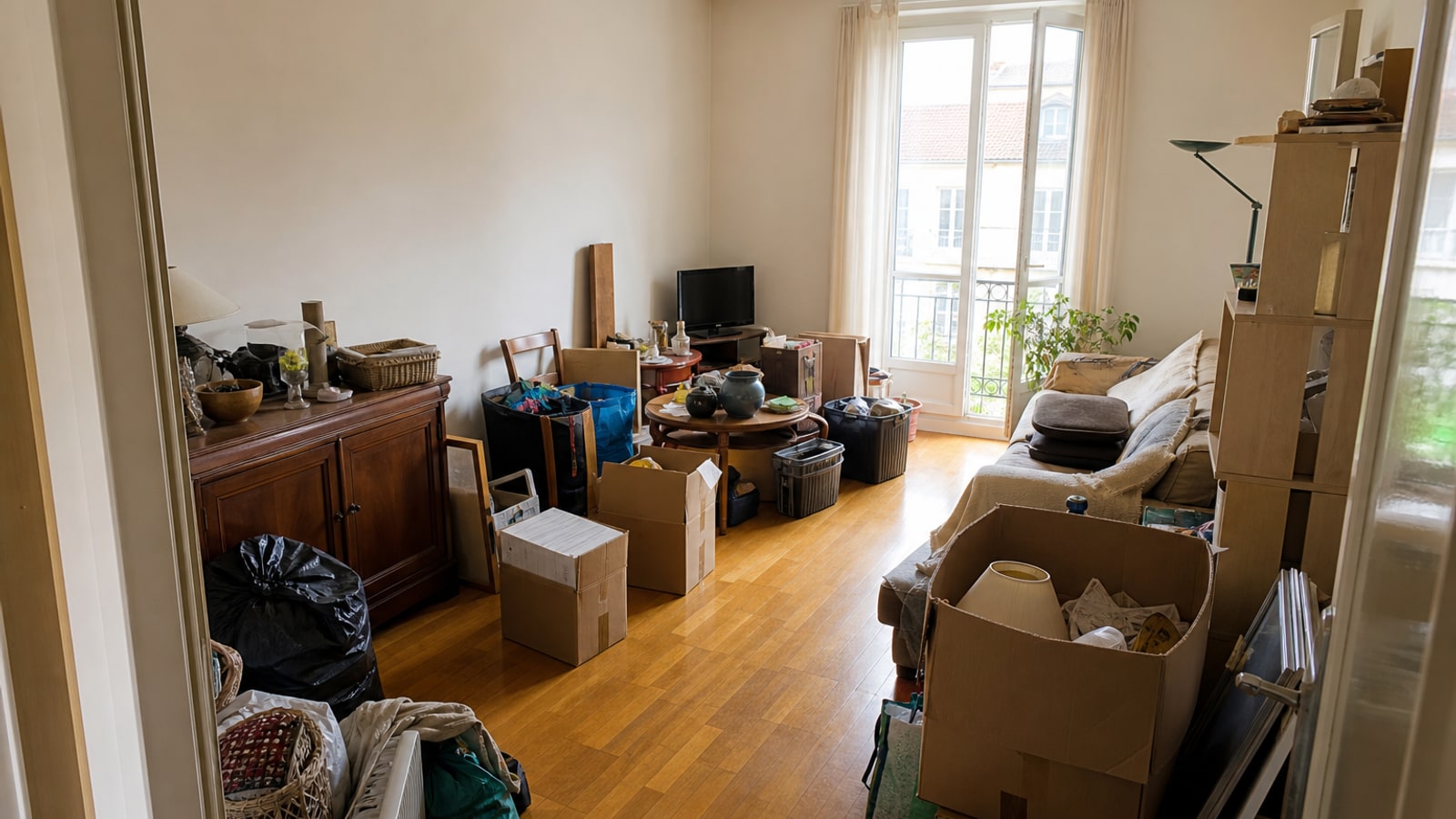 Illustration d’un appartement encombré avant débarras en France