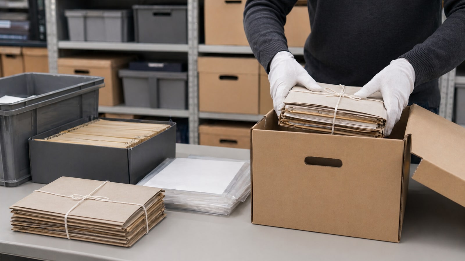 Illustration du conditionnement d’archives avant évacuation en France