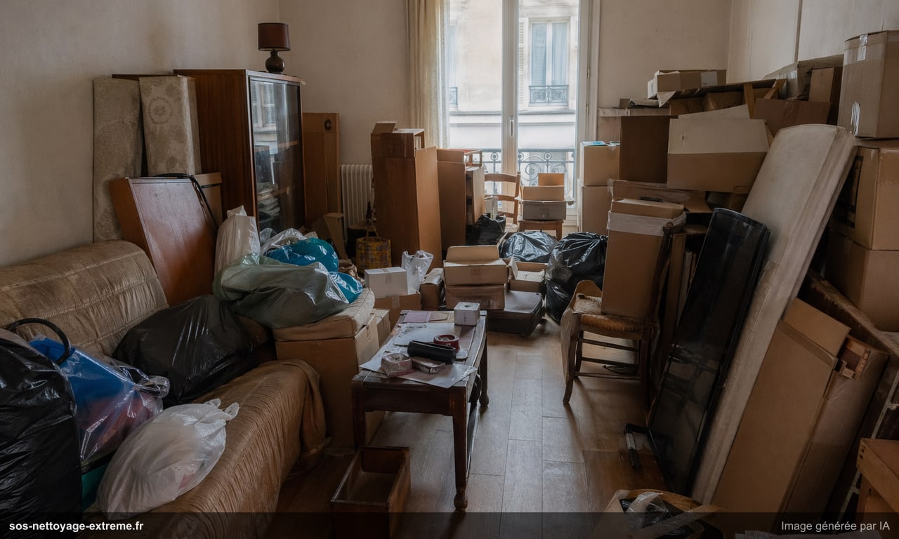 Illustration d’un logement ou local encombré avant débarras en France