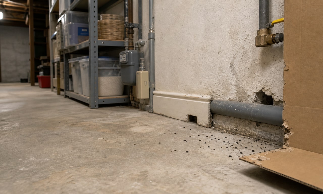 Illustration d’indices de présence de rongeurs dans un local en France