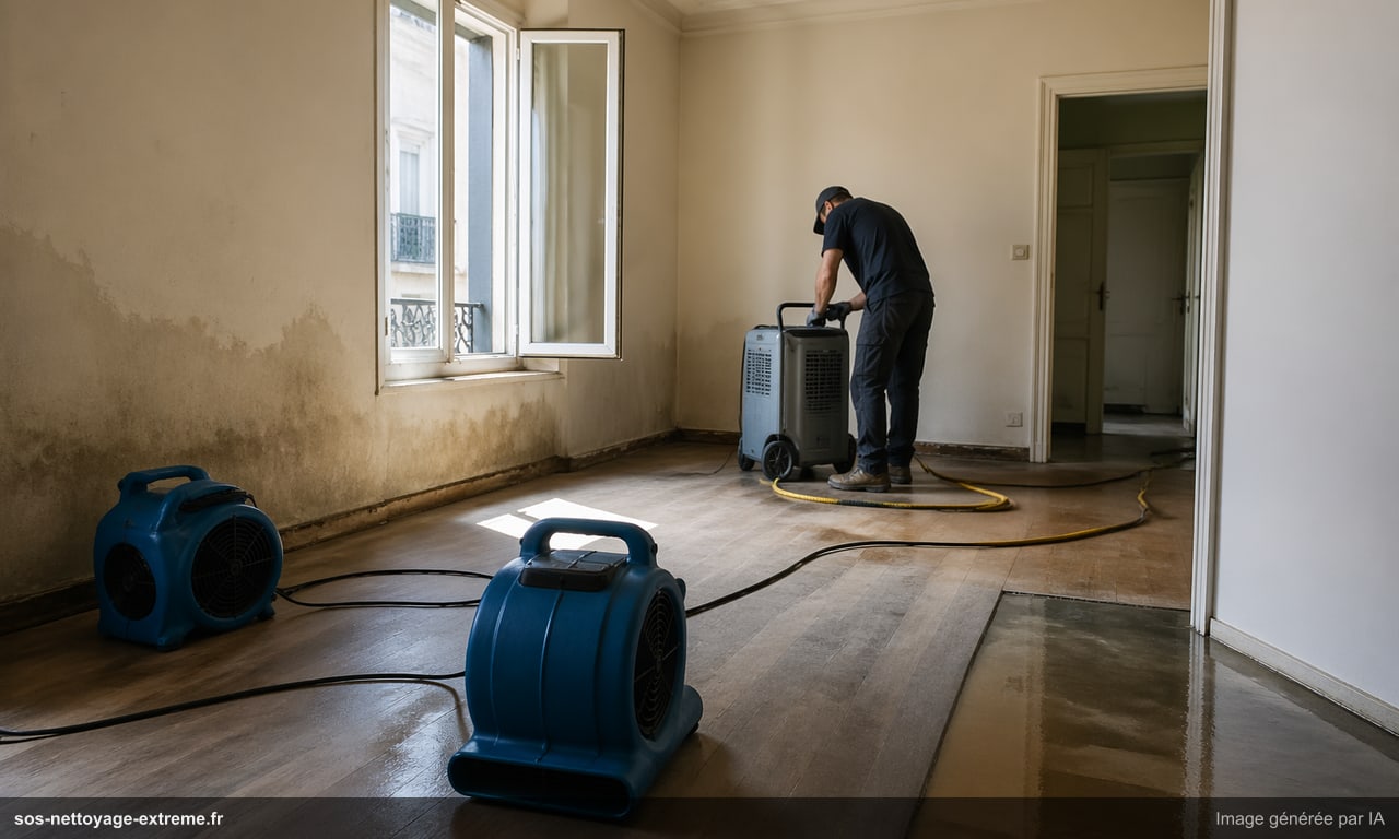 Illustration d’une phase d’assèchement technique après dégât des eaux en France