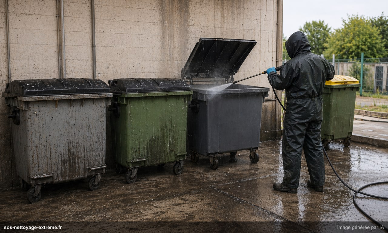 Illustration d’un lavage-désinfection de containers poubelles en France