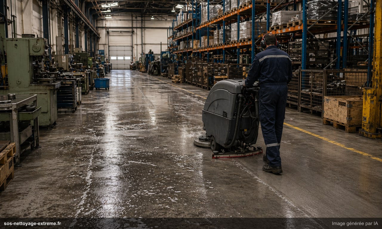 Illustration d’un protocole de nettoyage industriel en entrepôt ou usine en France