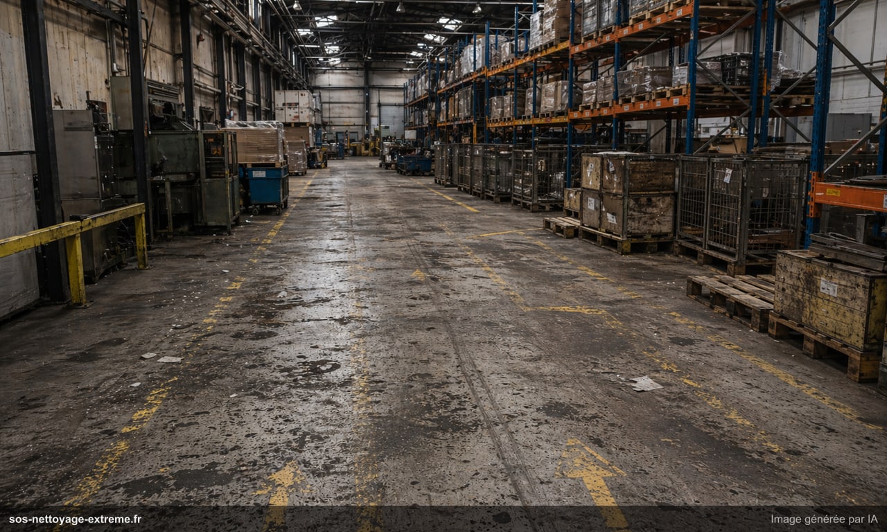 Illustration d’un entrepôt ou d’une zone industrielle à nettoyer en France