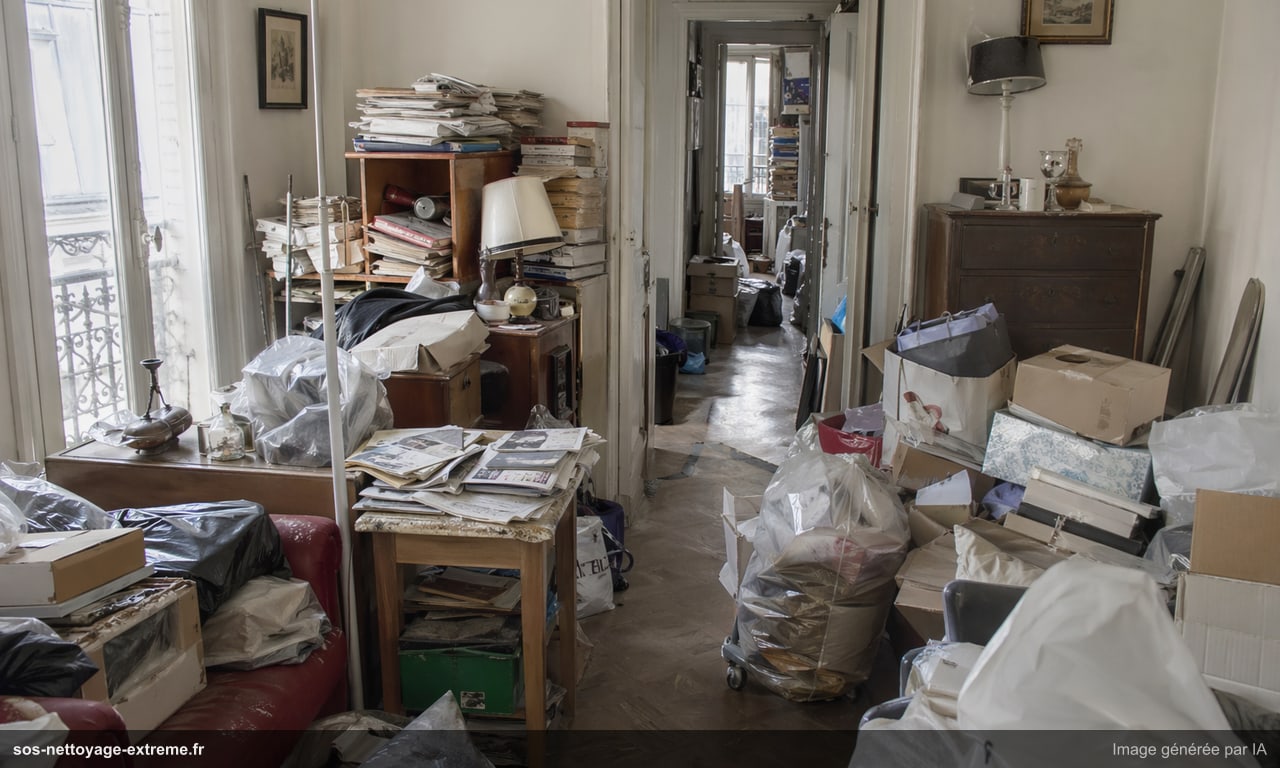 Illustration d’un logement très encombré avec circulations bloquées en France