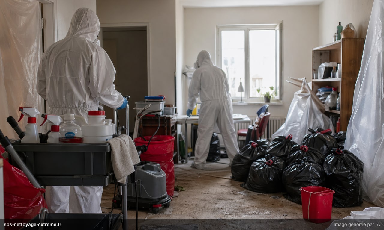 Illustration d’un protocole de nettoyage extrême avec équipement de protection en France