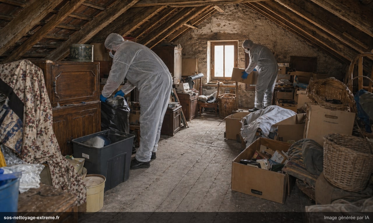 Illustration d’une phase de tri dans un grenier en France