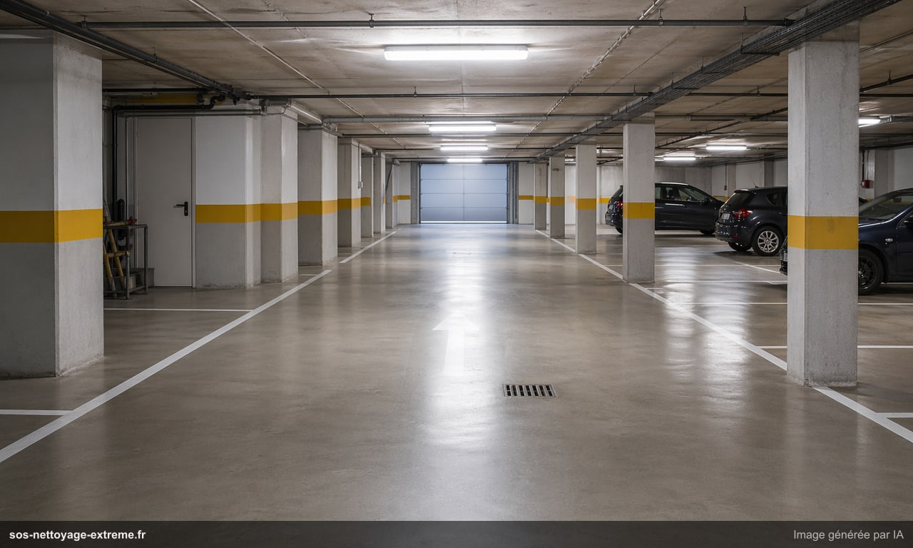 Illustration d’un parking ou sous-sol stabilisé après nettoyage en France