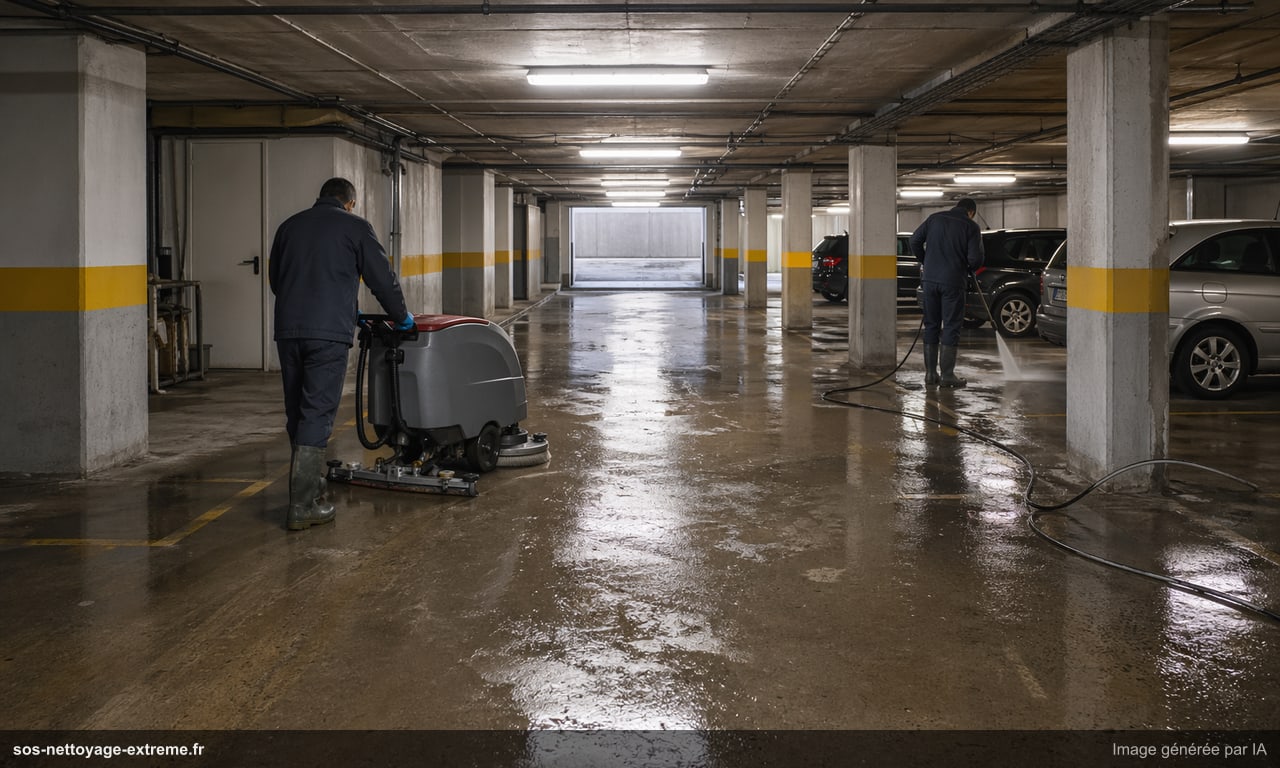 Illustration d’un protocole de nettoyage de parking ou sous-sol en France