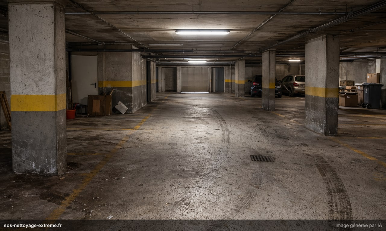 Illustration d’un parking ou sous-sol encrassé avant nettoyage en France
