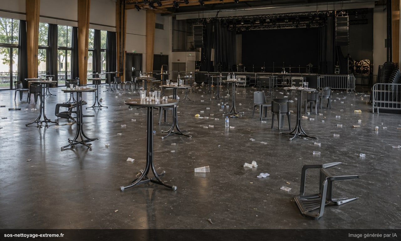 Illustration d’un espace après événement à nettoyer en France