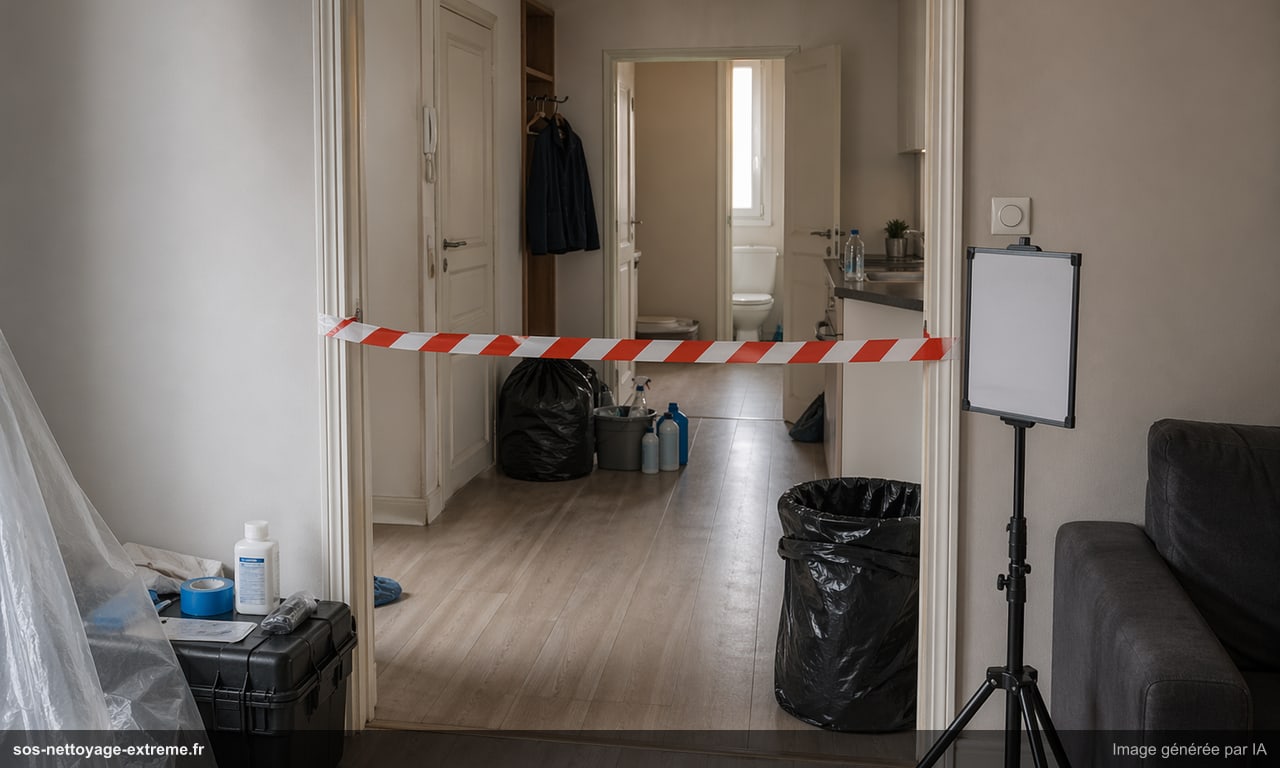 Illustration d’une zone sécurisée avant nettoyage de scène de crime en France