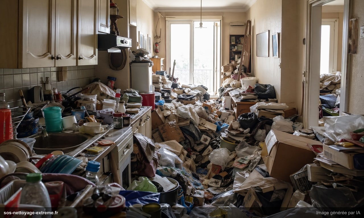 Illustration d’un logement saturé avant nettoyage Diogène en France